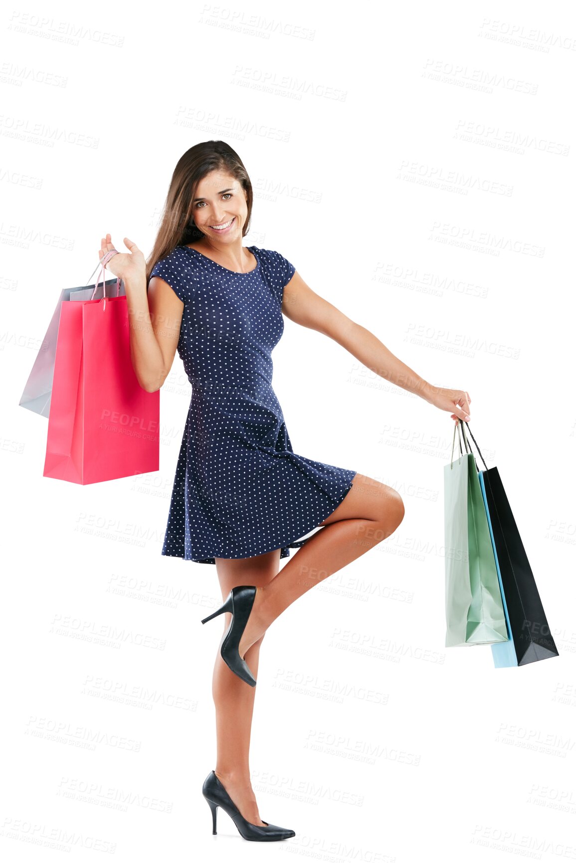 Buy stock photo Discount, sale and portrait of woman with shopping bag and fashion on transparent, isolated or png background. Customer, smile and clothes from retail deal, promotion or presents from giveaway