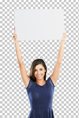 Buy stock photo Woman, portrait and poster mockup board for sign advertising, marketing or isolated on transparent png background. Female person, face and promotion space for news, deal info or show sales placard