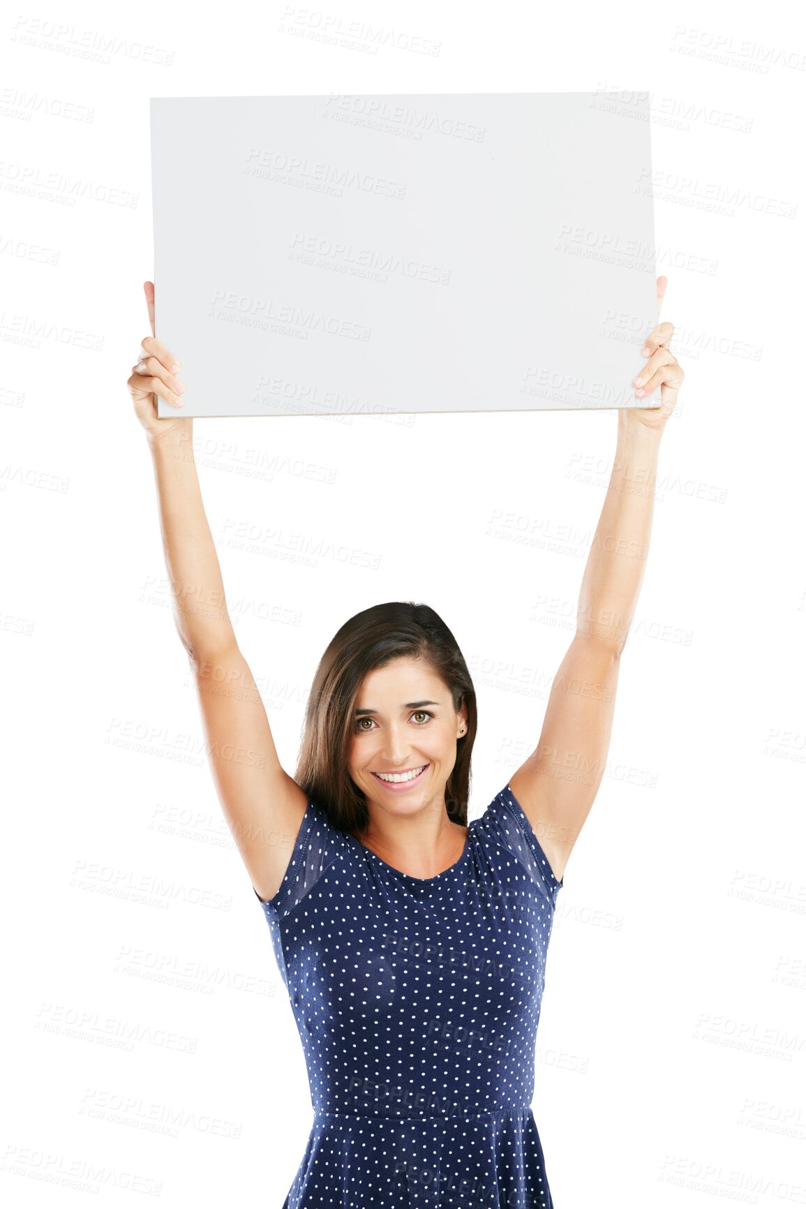 Buy stock photo Woman, portrait and poster mockup board for sign advertising, marketing or isolated on transparent png background. Female person, face and promotion space for news, deal info or show sales placard