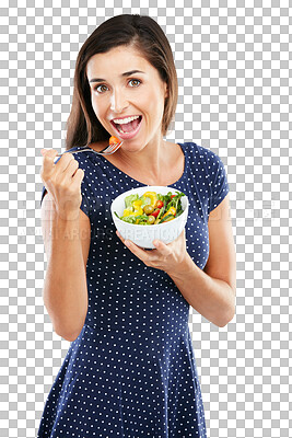 Buy stock photo Portrait, happy woman and salad for eating, health or nutrition for vegan diet. Female model, vegetables and organic for wellness, cholesterol or weight loss on isolated or transparent png background