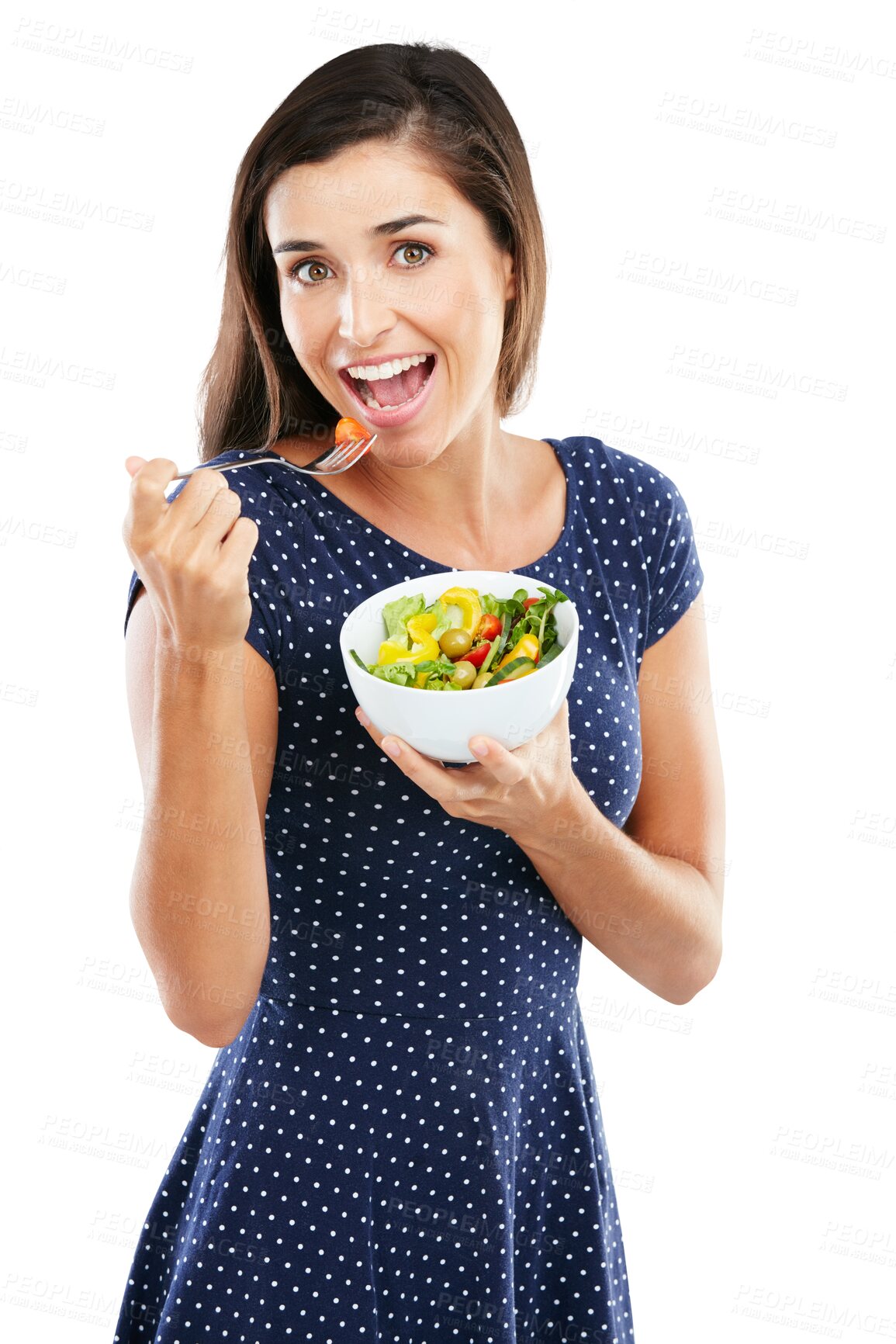 Buy stock photo Portrait, happy woman and salad for eating, health or nutrition for vegan diet. Female model, vegetables and organic for wellness, cholesterol or weight loss on isolated or transparent png background