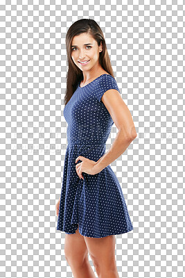 Buy stock photo Fashion, smile and portrait of young woman with casual, trendy and stylish dress for outfit. Happy, beautiful and female model from Canada with elegant style isolated by transparent png background.