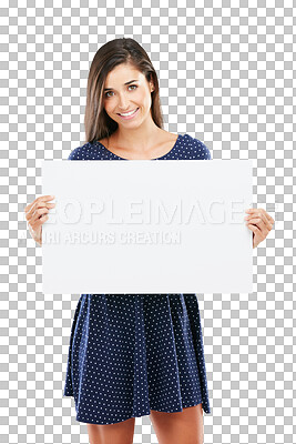 Buy stock photo Woman, portrait and poster mockup space for sign advertising, marketing or isolated on transparent png background. Female person, face and promotion board for news, deal info or show sale placard