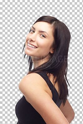 Buy stock photo Portrait, smile and beauty of woman for fashion isolated on a transparent png background. Face, happy person and young girl in elegant clothes, stylish and trendy facial expression in dress Brazil