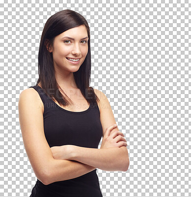 Buy stock photo Portrait, happy and woman with arms crossed for fashion isolated on a transparent png background. Face smile, person and confident young girl in elegant clothes, stylish and trendy dress in Brazil