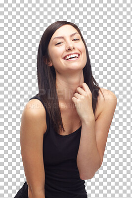 Buy stock photo Woman, portrait and smile for fashion confidence or laughing funny, joke humor or isolated on transparent png background. Female person, face and happy for positive mood, excited fun or comic joy