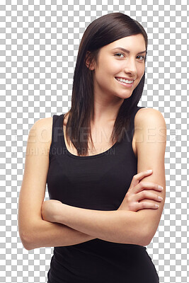 Buy stock photo Happy, portrait and isolated woman with arms crossed, confidence and fashion in transparent or png background. Casual, style and girl with a smile for outfit, tank top and model relax on the weekend 