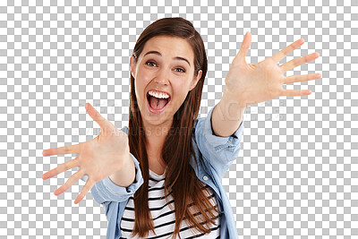 Buy stock photo Happy, portrait and woman excited, hug and smile for greeting, welcome and embrace gesture for congratulations. Happiness, face and person support, shout and hugging on transparent, png background