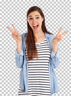 Buy stock photo Portrait of happy woman, smile and peace sign with confidence and pride on isolated on transparent png background. Wow, yes and excited face of girl with winning hand gesture, v symbol and emoji.