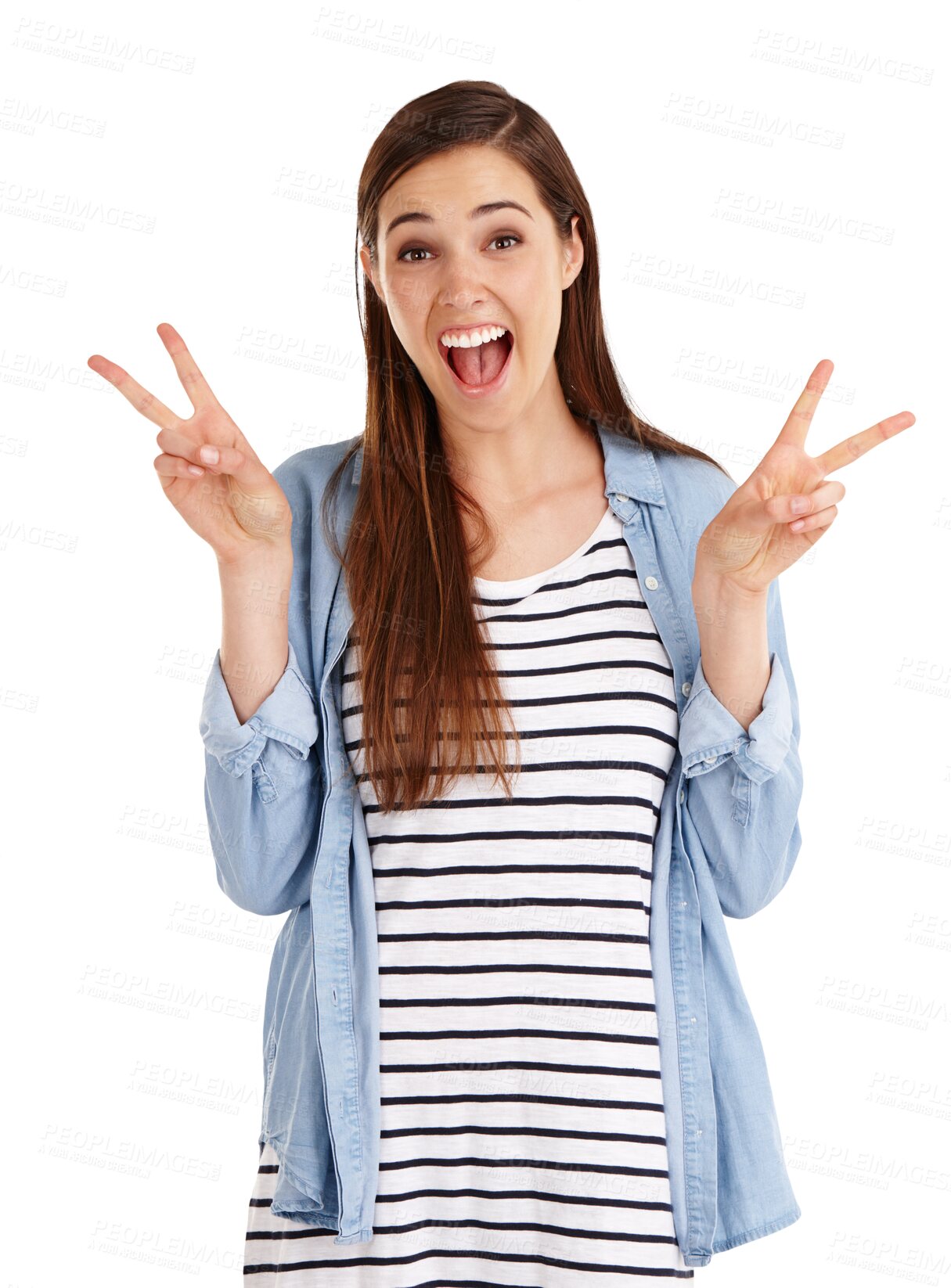 Buy stock photo Portrait of happy woman, smile and peace sign with confidence and pride on isolated on transparent png background. Wow, yes and excited face of girl with winning hand gesture, v symbol and emoji.