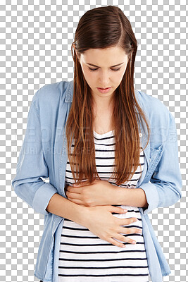 Buy stock photo Stomach pain, problem and woman sick, crisis and suffer from medical emergency, endometriosis and abdomen risk. Menstrual cramps, digestion disaster and girl isolated on a transparent, png background