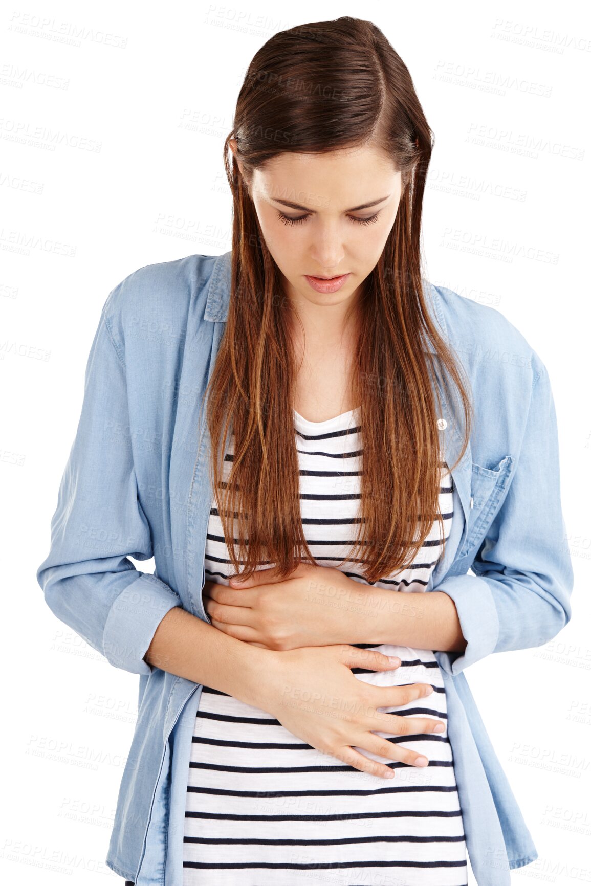 Buy stock photo Stomach pain, problem and woman sick, crisis and suffer from medical emergency, endometriosis and abdomen risk. Menstrual cramps, digestion disaster and girl isolated on a transparent, png background