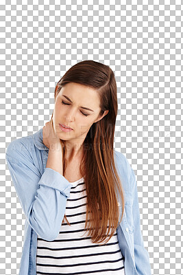 Buy stock photo Neck pain, problem and woman injury, crisis and hurt from medical emergency, anatomy risk or muscle strain, fail or ache. Accident, mistake and tired person isolated on transparent, png background  