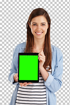 Buy stock photo Green screen, tablet and portrait of woman with space for news or promo on isolated, transparent or png background. Digital, app and face of student with social networking, platform or sign up offer
