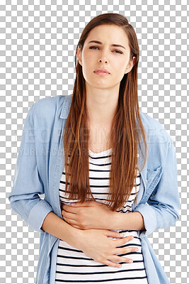 Buy stock photo Stomach ache, portrait and woman sick, crisis and pain from medical emergency, endometriosis and abdomen injury. Menstrual problem, period cramps and PMS girl isolated on transparent, png background