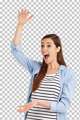 Buy stock photo Surprise, woman and large with size, announcement and feedback isolated on a transparent background. Person, girl and model with measurement, review and png with happiness, wow and shocked with info