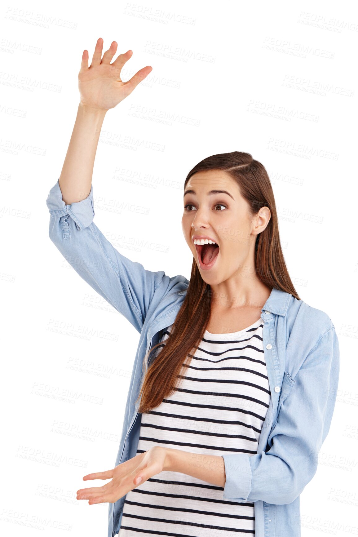 Buy stock photo Surprise, woman and large with size, announcement and feedback isolated on a transparent background. Person, girl and model with measurement, review and png with happiness, wow and shocked with info