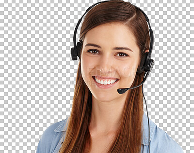 Buy stock photo Customer care, portrait and happy business woman communication, telemarketing or professional advice. Tech support, job experience and agent face for e commerce service on transparent, png background