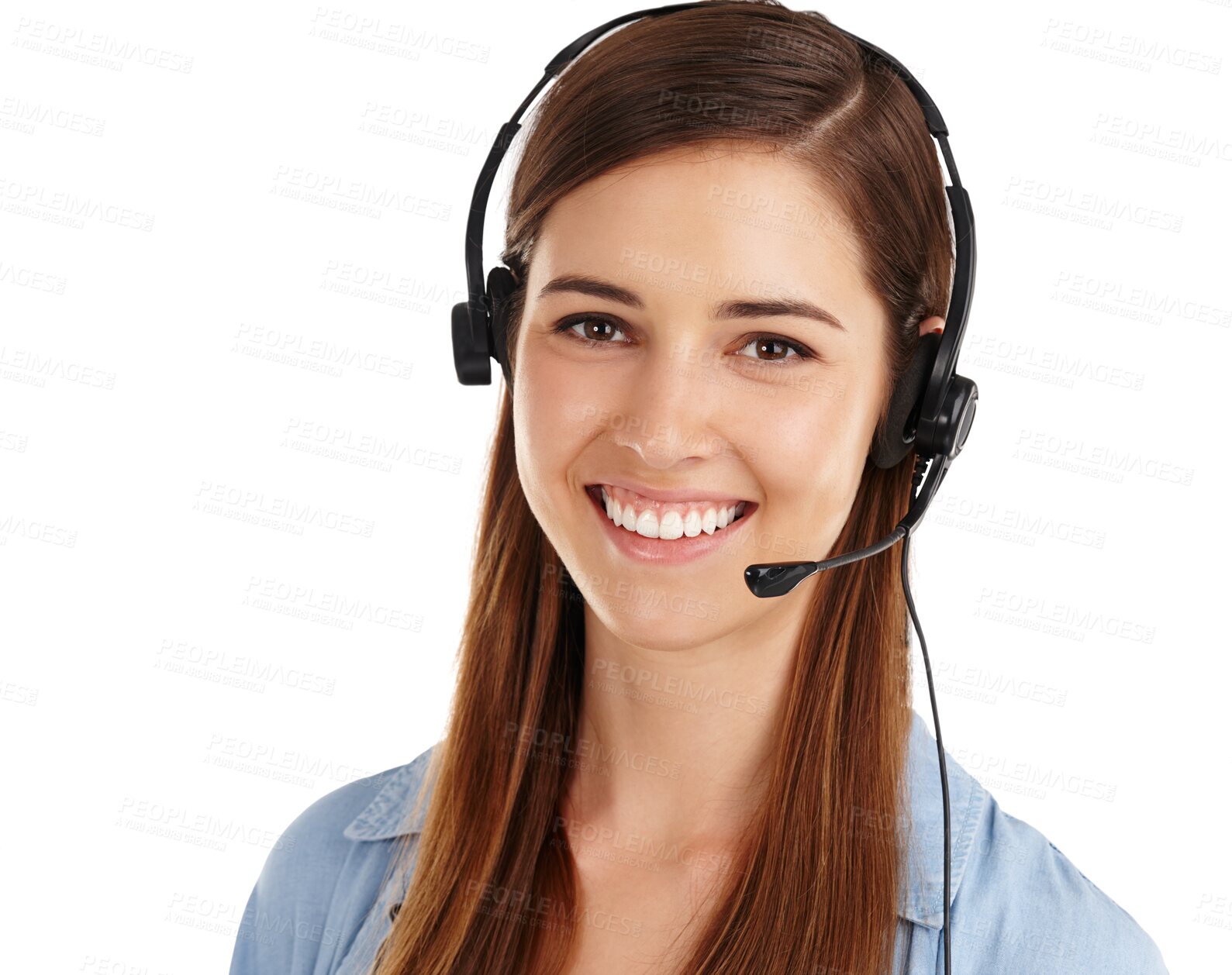 Buy stock photo Customer care, portrait and happy business woman communication, telemarketing or professional advice. Tech support, job experience and agent face for e commerce service on transparent, png background