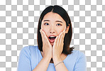 Asian, portrait and woman with surprise from announcement, news