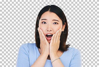 Buy stock photo Asian woman, portrait and wow with surprise from announcement or news isolated on png transparent background. Shocked, face and person with discount, sale and facial expression, hands or reaction