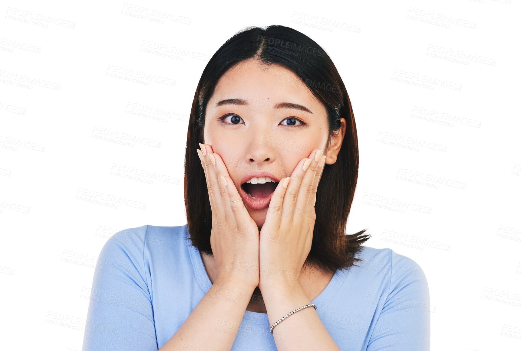 Buy stock photo Asian woman, portrait and wow with surprise from announcement or news isolated on png transparent background. Shocked, face and person with discount, sale and facial expression, hands or reaction