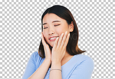 Buy stock photo Woman, skincare and hands for natural treatment for smile cosmetics, fresh face or isolated on transparent png background. Asian person, happy and dermatology for health glow, wellness or soft touch