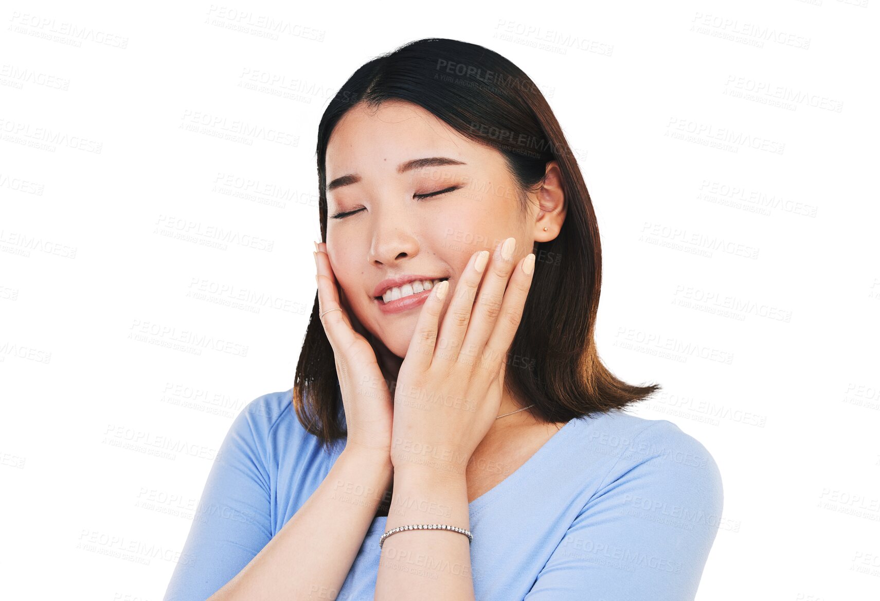 Buy stock photo Woman, skincare and hands for natural treatment for smile cosmetics, fresh face or isolated on transparent png background. Asian person, happy and dermatology for health glow, wellness or soft touch