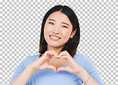 Buy stock photo Happy asian woman, portrait and heart sign or hand gesture for romance isolated on transparent png background. Face of girl with smile, romantic emoji or love icon with symbol for valentines day.