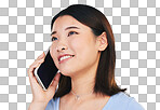 Asian woman, thinking and phone call in studio with chat, networ