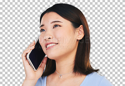 Buy stock photo Woman, smile and phone call or networking, speaking and communication or connection, talk and chat. Happy asian person, smartphone and conversation for fun or isolated on transparent png background