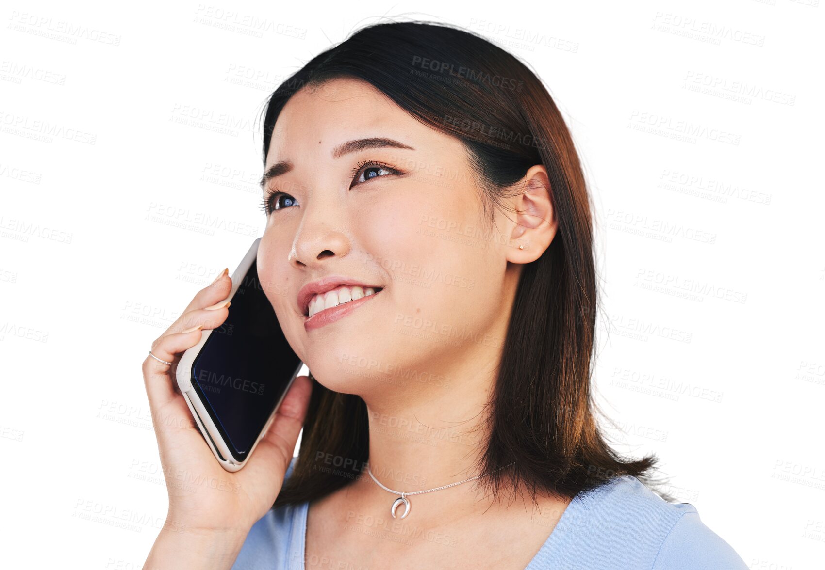 Buy stock photo Woman, smile and phone call or networking, speaking and communication or connection, talk and chat. Happy asian person, smartphone and conversation for fun or isolated on transparent png background