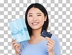 Woman, credit card and gift box, prize or retail giveaway and pa