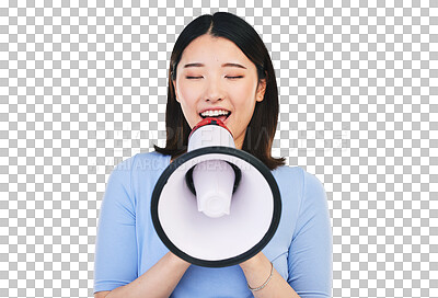 Buy stock photo Woman, smile and megaphone for speech, voice and protest or face or broadcast. Happy asian person, speaker and sound or news, info and rally or propaganda and isolated on transparent png background