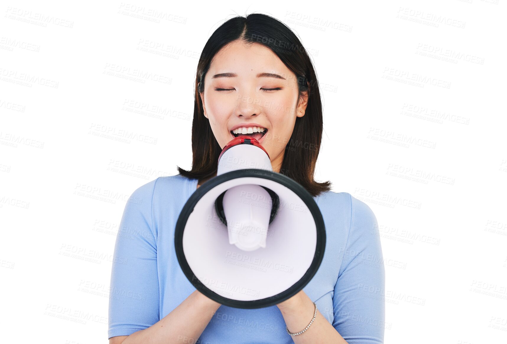 Buy stock photo Woman, smile and megaphone for speech, voice and protest or face or broadcast. Happy asian person, speaker and sound or news, info and rally or propaganda and isolated on transparent png background