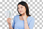 Woman, money and winner thinking of bonus offer, financial succe