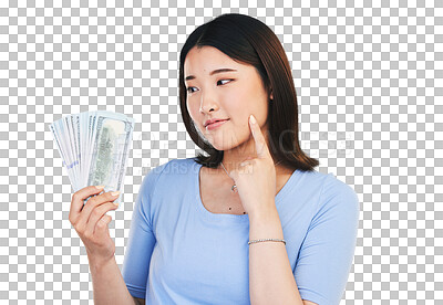 Buy stock photo Woman, money and winner thinking of bonus offer, planning financial success and dollar loan. Asian person, customer and cash ideas, savings decision or profit isolated on a transparent png background