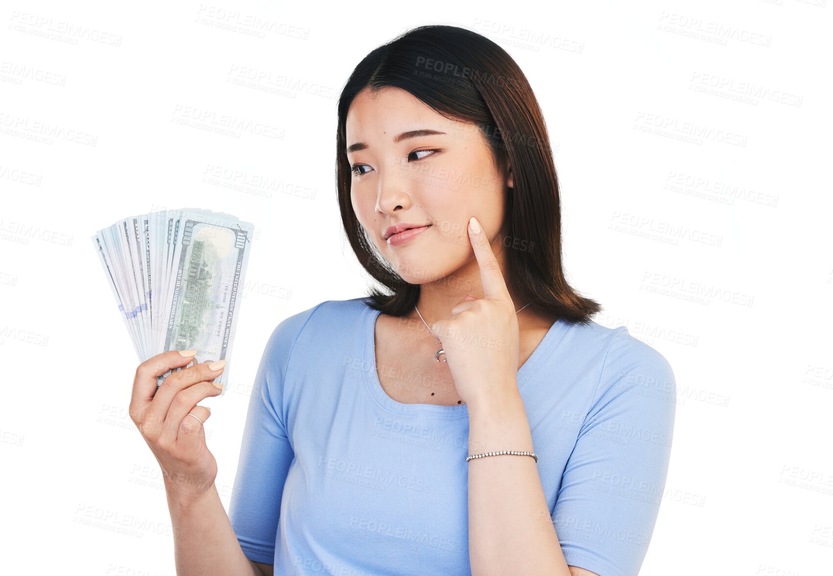 Buy stock photo Woman, money and winner thinking of bonus offer, planning financial success and dollar loan. Asian person, customer and cash ideas, savings decision or profit isolated on a transparent png background