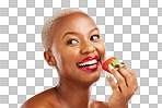 Beauty, thinking face and a woman with a strawberry on a red bac