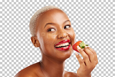 Buy stock photo Beauty, thinking face and woman with a strawberry isolated on png transparent background for health and wellness. Black person, smile or makeup with fruit for nutrition, healthy diet or organic detox