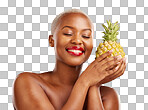 Pineapple, beauty and face of a happy woman in studio for health