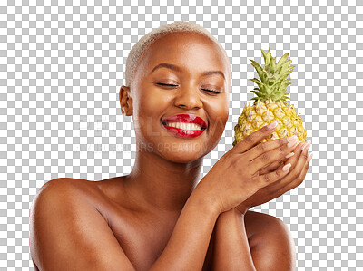 Buy stock photo Pineapple, beauty and face of a happy black woman, healthy food and smile isolated on transparent background. African person, girl and model with fruit, natural cosmetics and makeup with glow and png