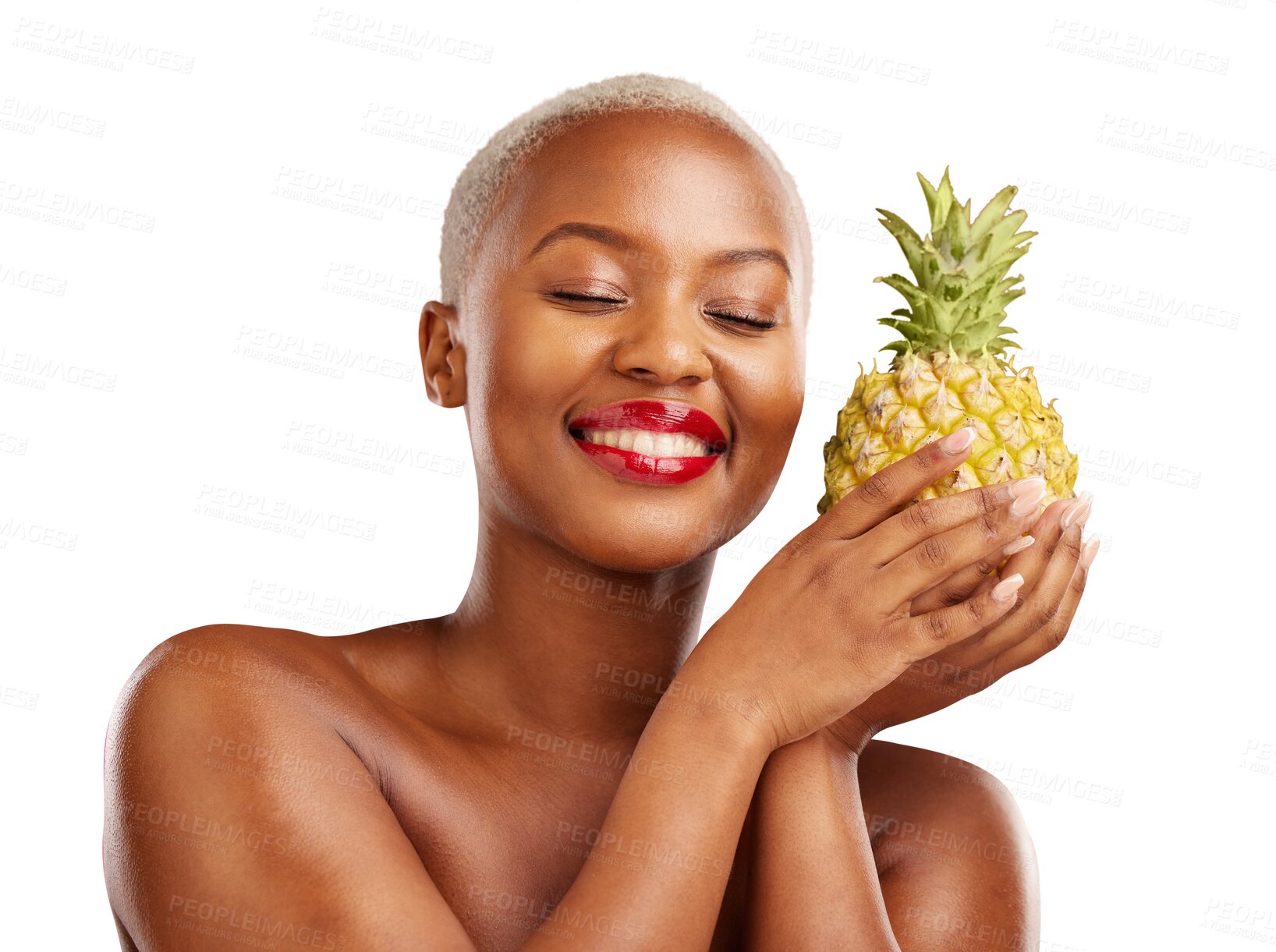 Buy stock photo Pineapple, beauty and face of a happy black woman, healthy food and smile isolated on transparent background. African person, girl and model with fruit, natural cosmetics and makeup with glow and png