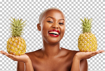 Buy stock photo Portrait, woman and beauty with pineapple with presentation for natural, skincare or health. African model, happy or excited for organic, diet or fresh fruit on isolated or transparent png background