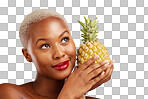 Thinking, pineapple and face of a woman in studio for healthy fo