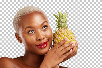 Buy stock photo Beauty, thinking face and woman with a pineapple isolated on png transparent background for health and wellness. Black person, smile or makeup with fruit for nutrition, healthy diet or organic detox