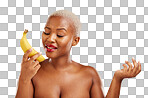 Phone call, beauty and woman acting with a banana pretending, ta