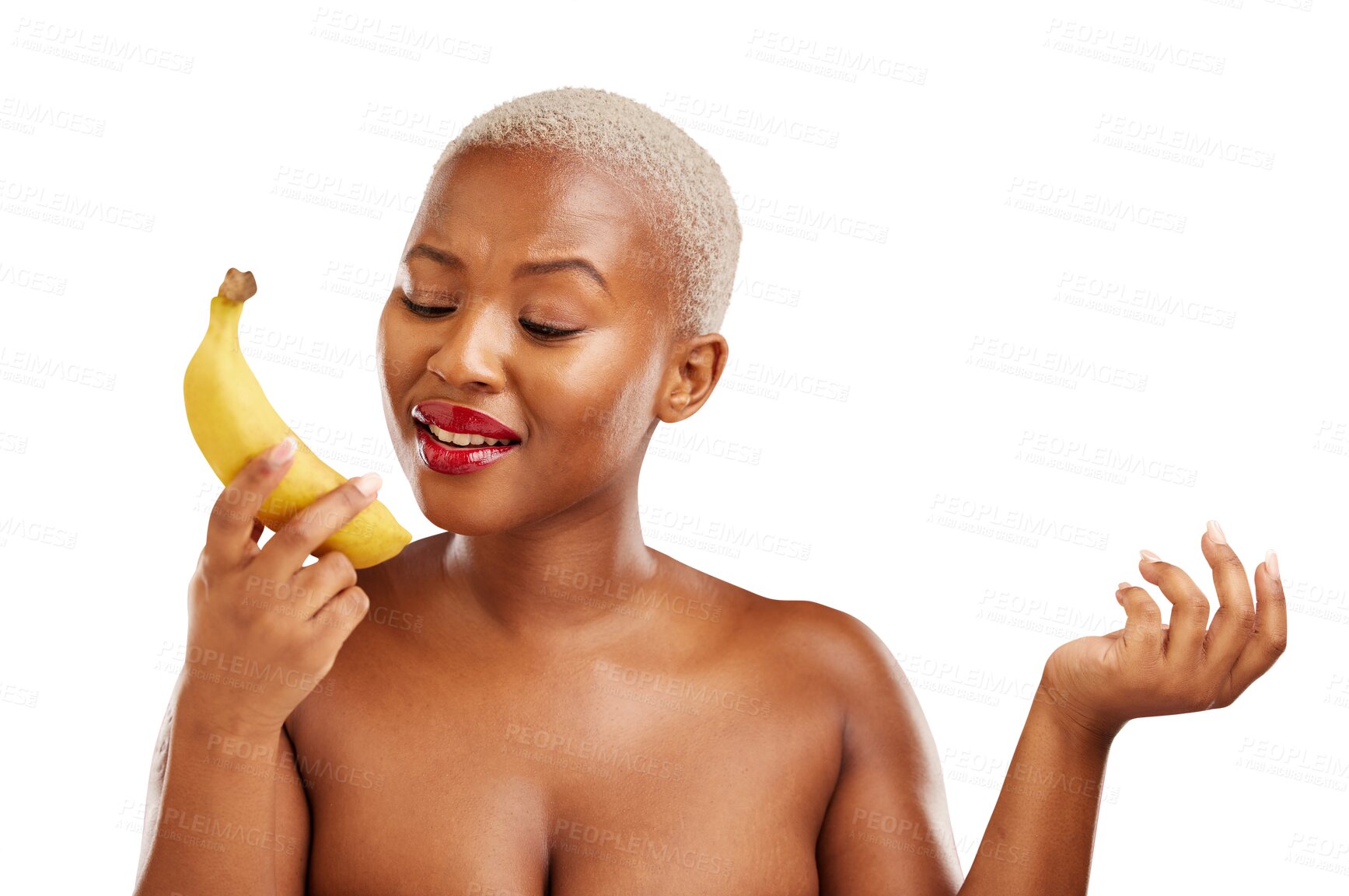 Buy stock photo Black woman, makeup and banana phone call for playful, cosmetics or review on isolated, transparent or png background. Fruit, beauty and African wellness model with fake, conversation or skincare
