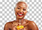 Happy black woman, portrait and orange for vitamin C, diet or na