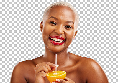 Buy stock photo Happy black woman, orange juice or portrait for skincare, beauty or diet for wellness or healthy fruit. Straw, natural drink or African lady with smile or glow isolated on transparent png background 